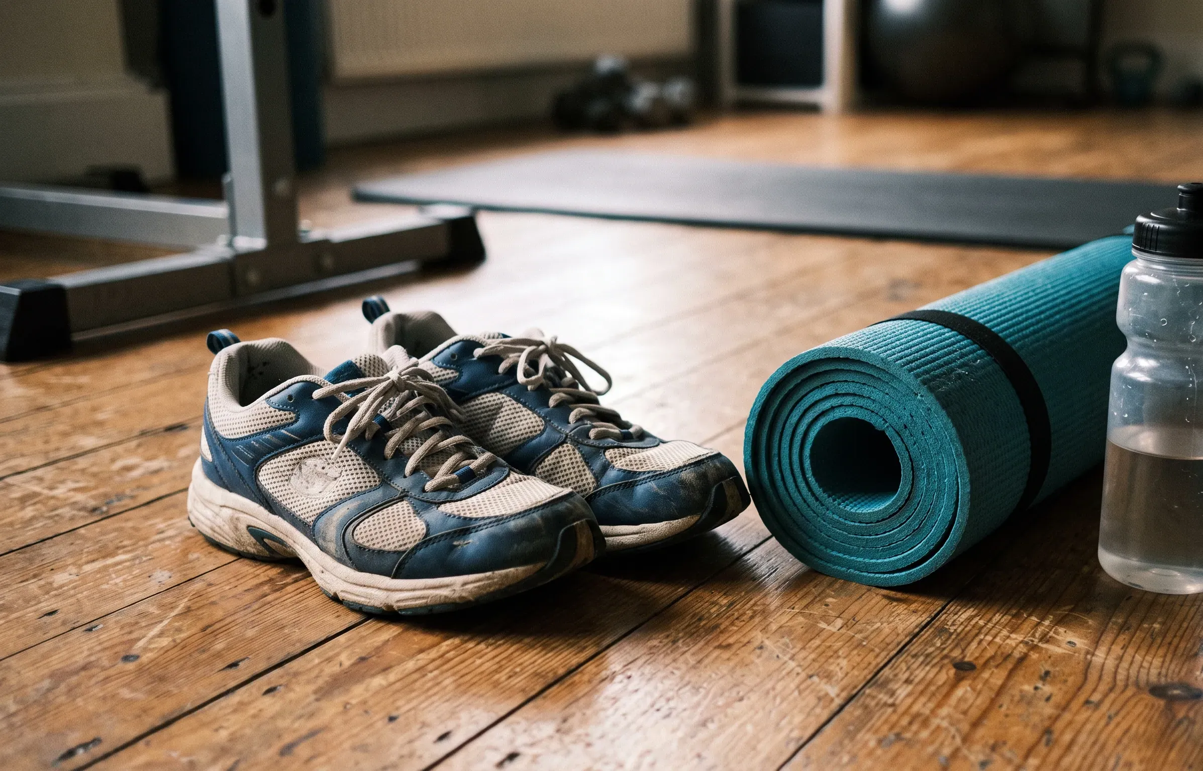 Scarpe sportive, tappetino arrotolato e borraccia pronti per l’allenamento